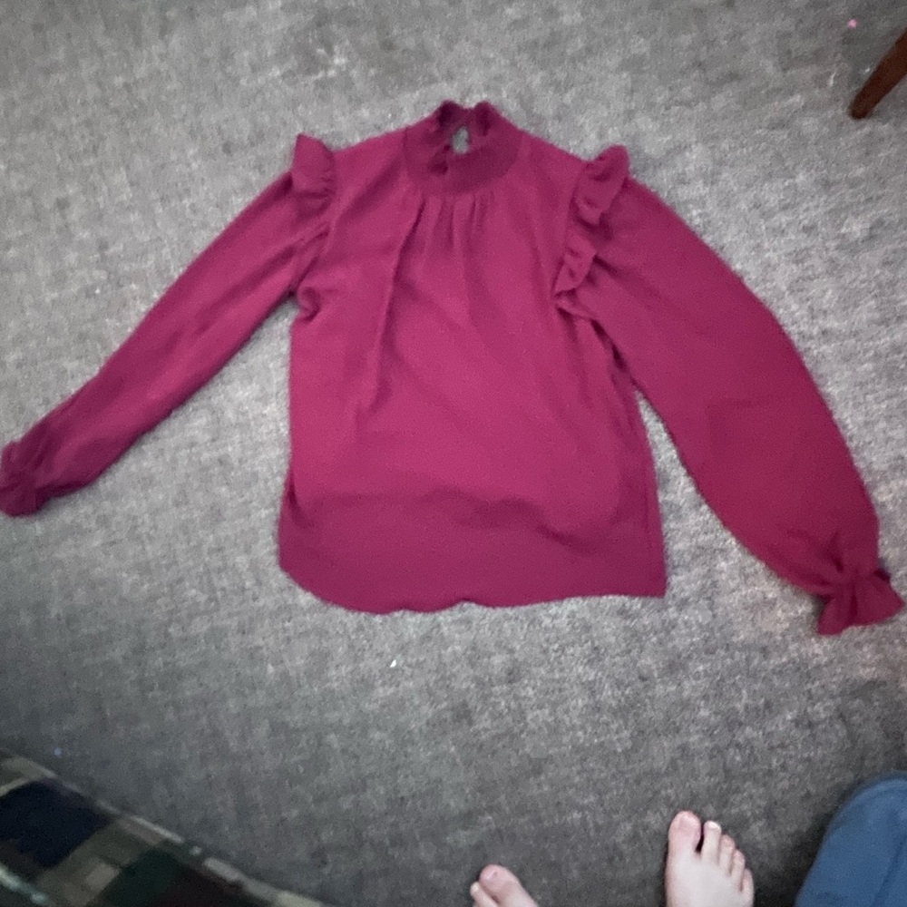 She + Sky Ruffled Long Sleeve Blouse - Deep Red